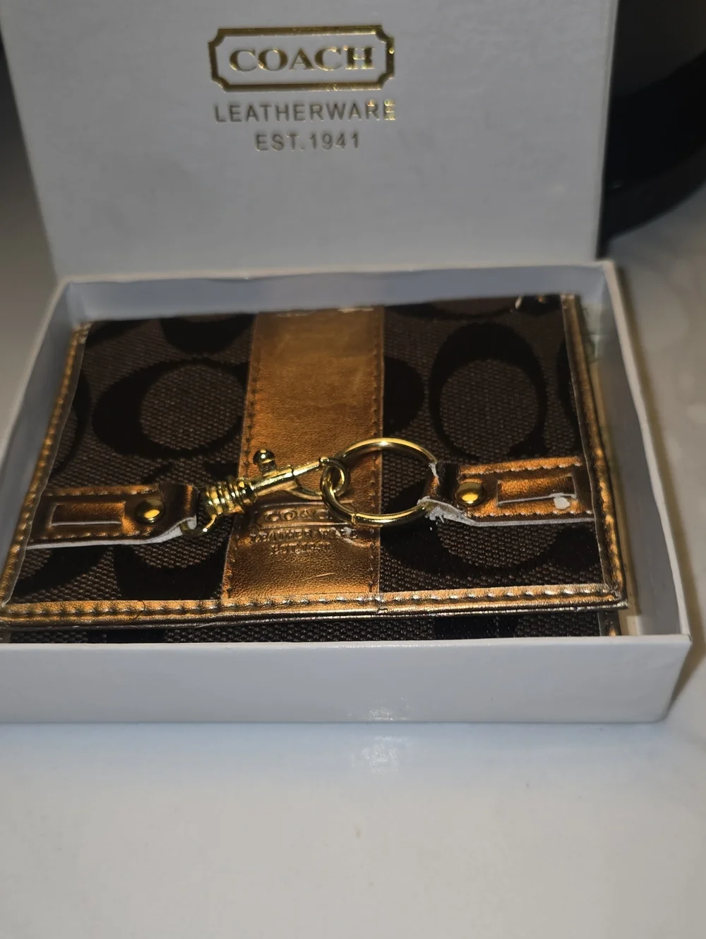 Coach Brown Signature Card Case with Gold Trim and Key Ring